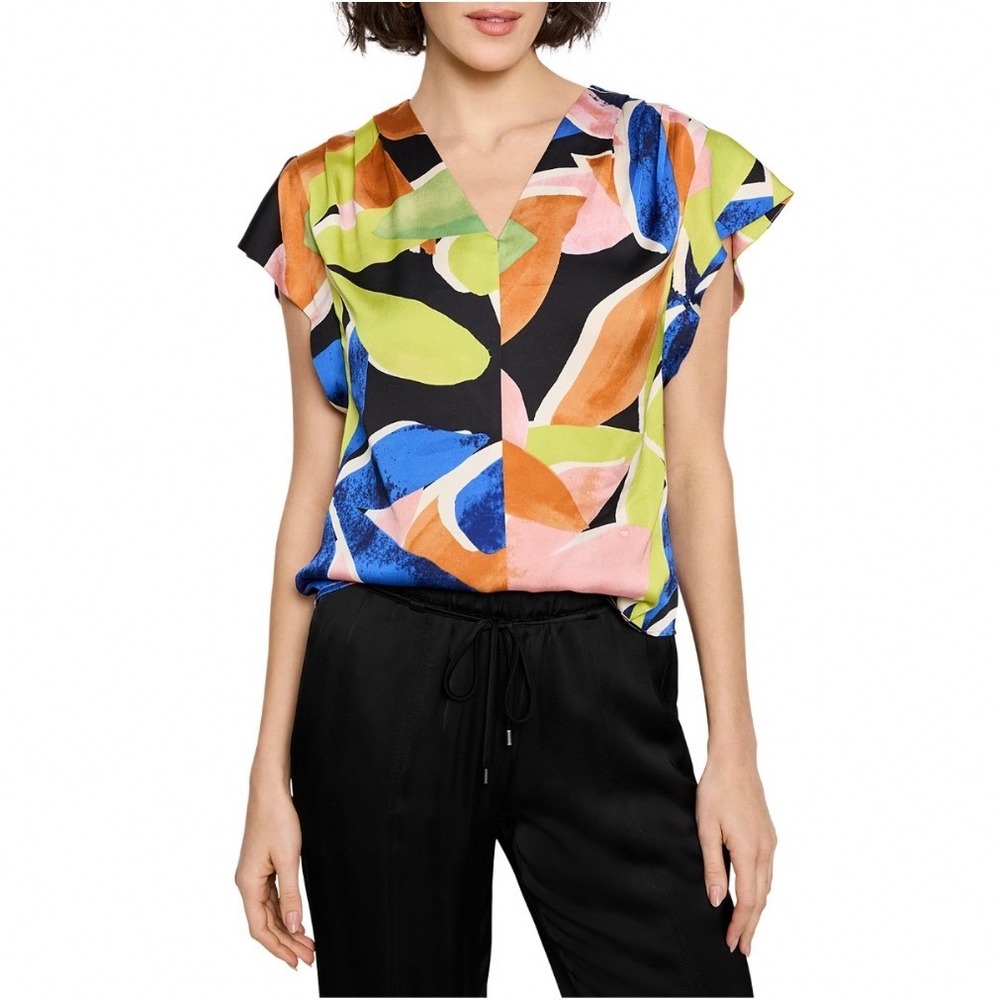 NIC+ZOE Mega Blooms Flutter Sleeve Top Green Multi Floral V-Neck‎ Blouse Small